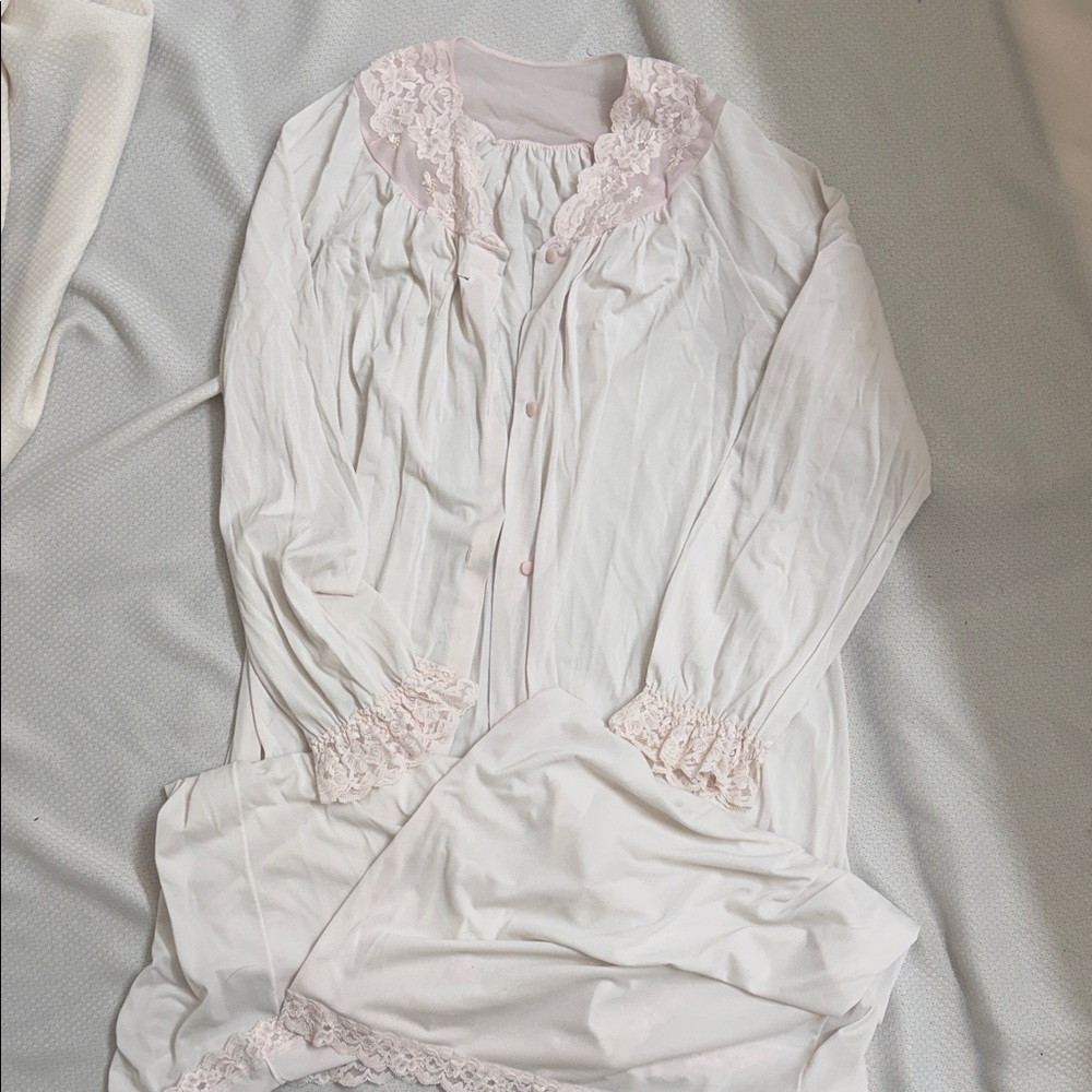 Vintage Shadowline Romantic Lace Nightgown Robe Blush Pink Maxi Lingerie Dress